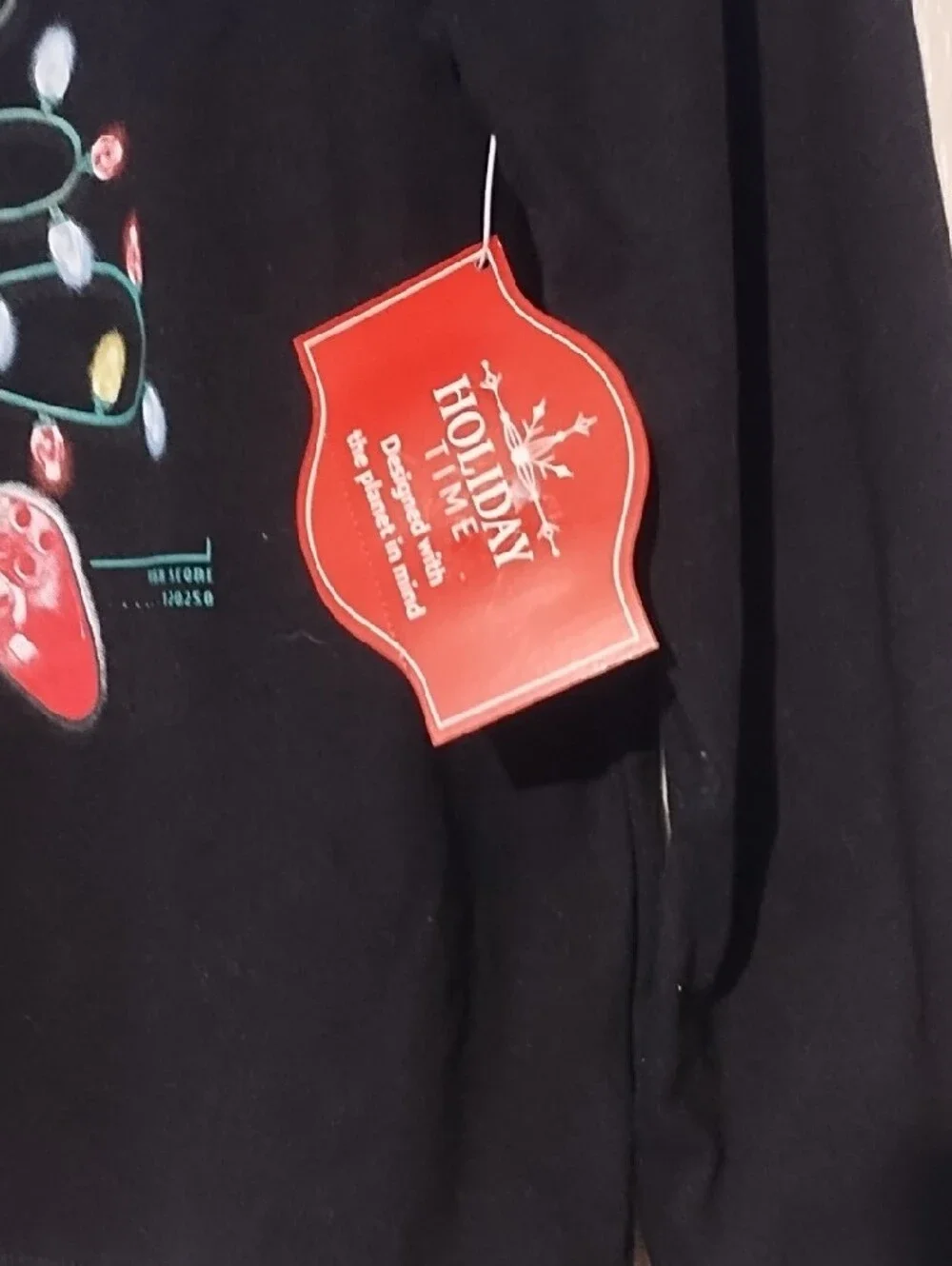 Holiday Time Black Long-Sleeve 'Gaming All The Way' Tee with Colorful Lights.
